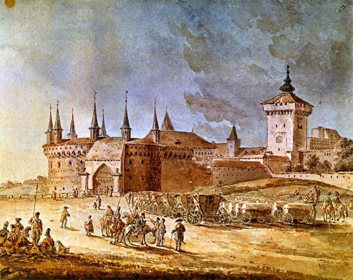 Obraz Zygmunta Vogela z 1799 roku przedstawiający Barbakan w Krakowie. 