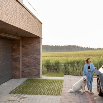 kobieta ładuje auto elektryczne przy domu